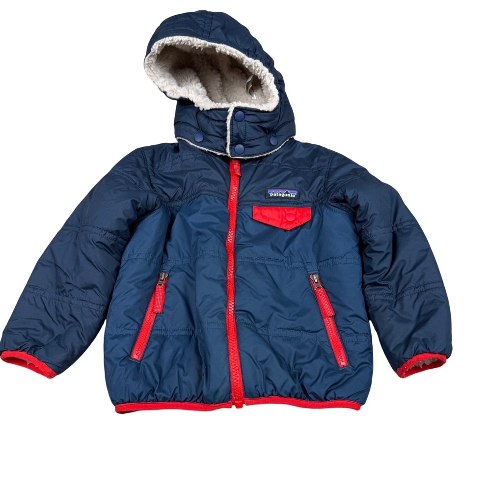 Patagonia Tribbles Reversible Hooded Fleece Jacket Navy Blue Cream Red Kids 3T